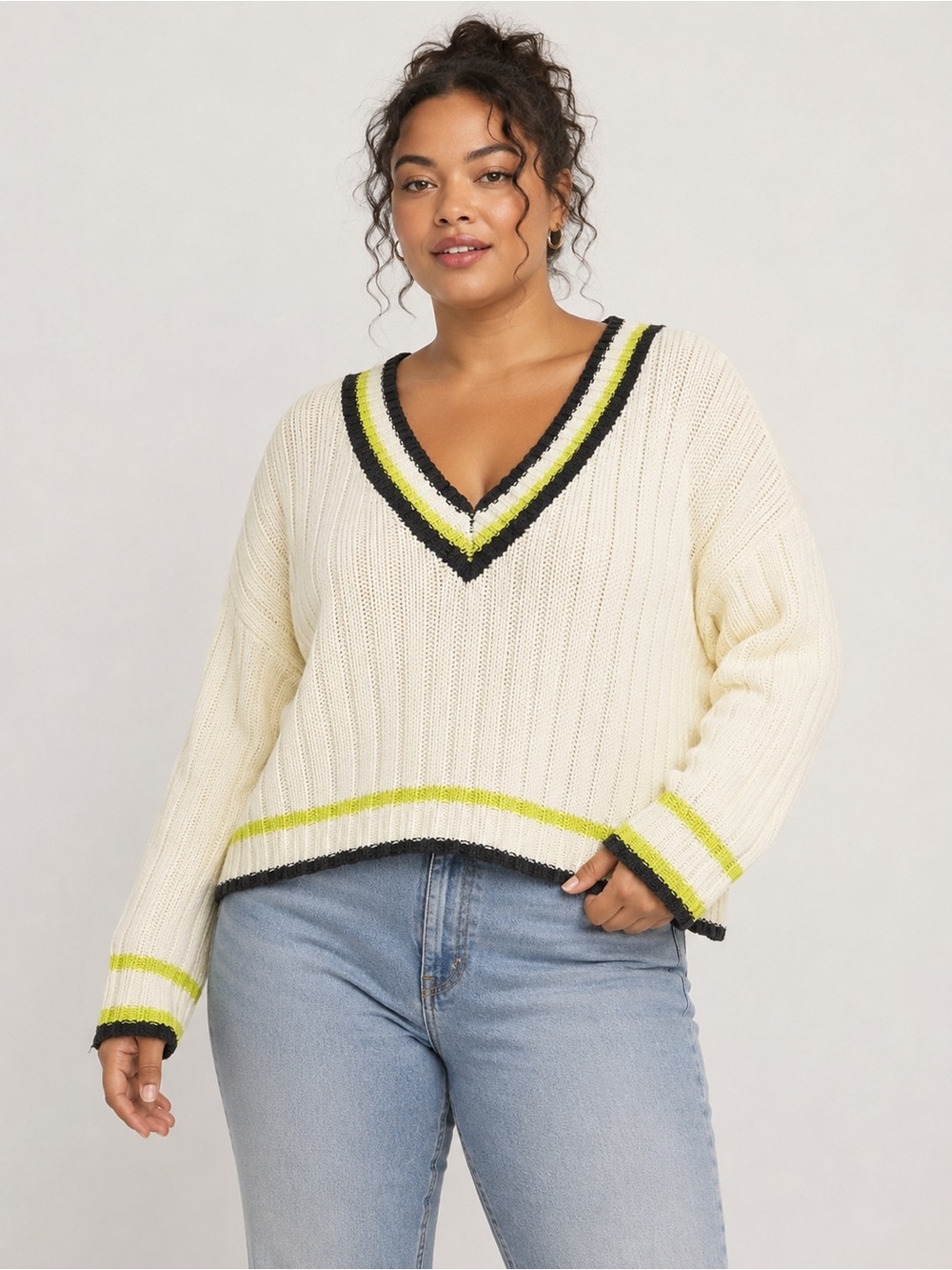 wild fable Cream Ribbed Scoop Sweater with Neon Yellow & Black Trim
